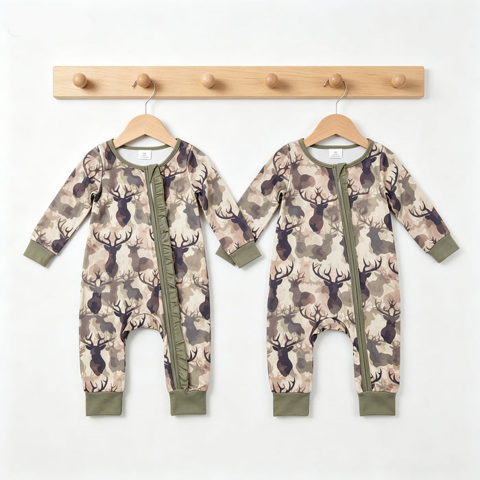 Sibling Baby Girls Boys Hunting Deer Camo Long Sleeve Zipper Romper