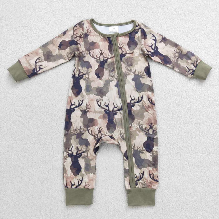 Sibling Baby Girls Boys Hunting Deer Camo Long Sleeve Zipper Romper