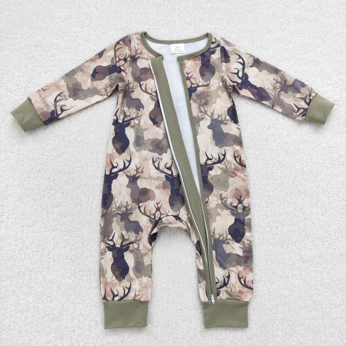 Sibling Baby Girls Boys Hunting Deer Camo Long Sleeve Zipper Romper