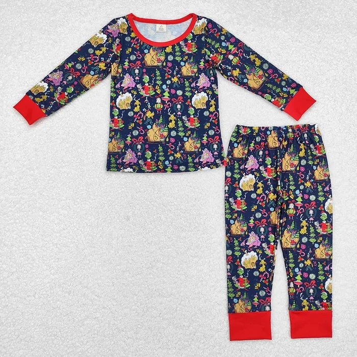 Sibling Baby Girls Christmas Green Face Bamboo Pajamas Clothes Sets
