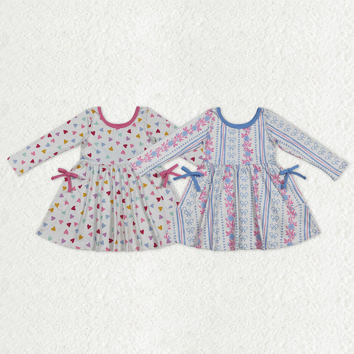 Sibling Baby Girls Colorful Hearts Bows Flowers Pockets Knee Length Dresses