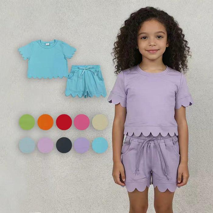 Sibling Baby Girls Cotton Scallop Short Sleeve Top Pockets Shorts Clothes Sets
