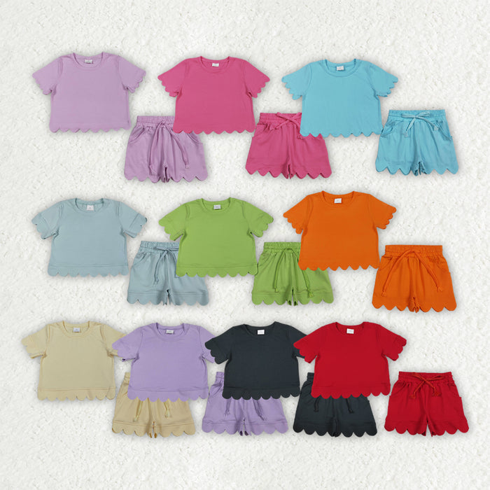 Sibling Baby Girls Cotton Scallop Short Sleeve Top Pockets Shorts Clothes Sets