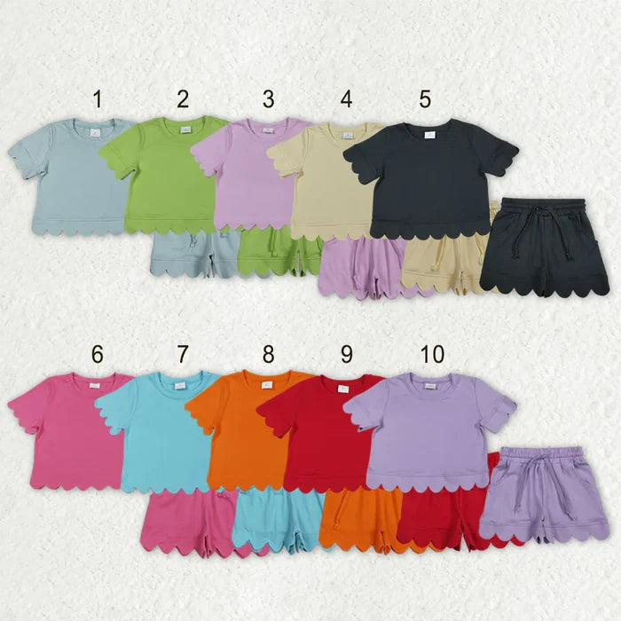 Sibling Baby Girls Cotton Scallop Short Sleeve Top Pockets Shorts Clothes Sets
