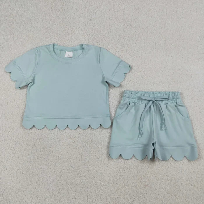 Sibling Baby Girls Cotton Scallop Short Sleeve Top Pockets Shorts Clothes Sets
