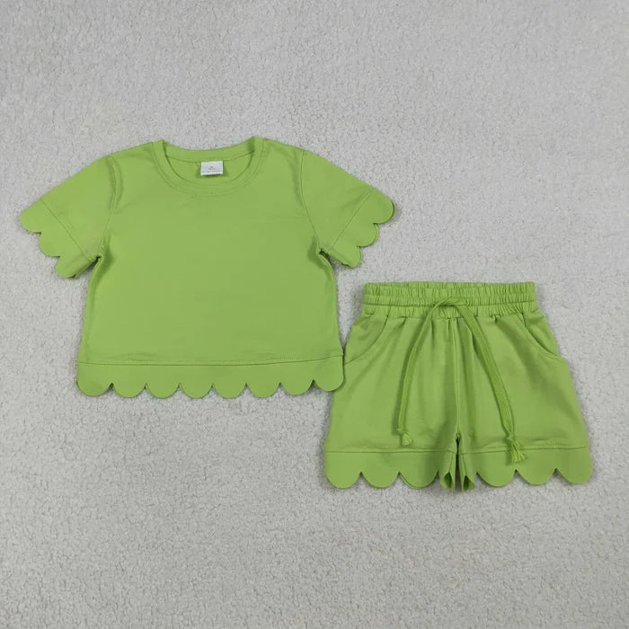 Sibling Baby Girls Cotton Scallop Short Sleeve Top Pockets Shorts Clothes Sets