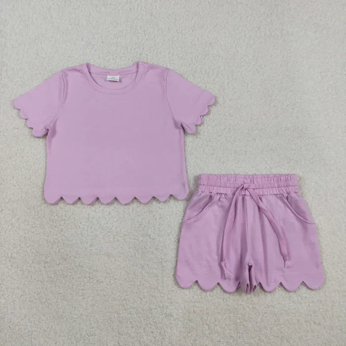 Sibling Baby Girls Cotton Scallop Short Sleeve Top Pockets Shorts Clothes Sets
