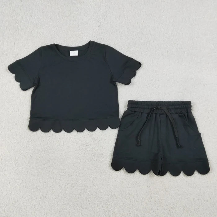 Sibling Baby Girls Cotton Scallop Short Sleeve Top Pockets Shorts Clothes Sets