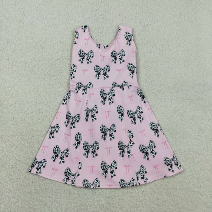 Sibling Baby Girls Cow Print Bows Short Knee Length Dress Tassel Rompers