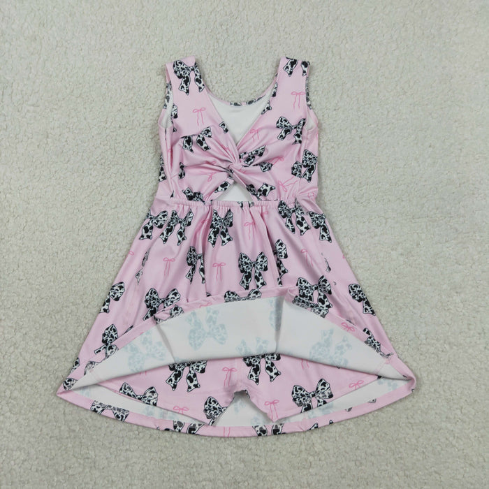 Sibling Baby Girls Cow Print Bows Short Knee Length Dress Tassel Rompers