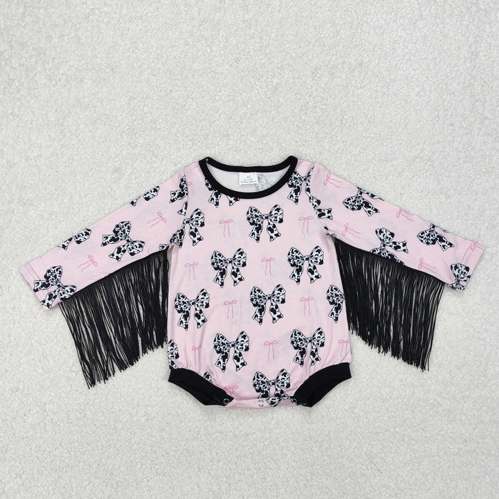 Sibling Baby Girls Cow Print Bows Short Knee Length Dress Tassel Rompers