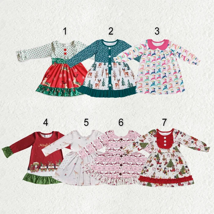 Sibling Baby Girls Deer Plaid Button Pockets Christmas Ruffle Knee Length Dresses