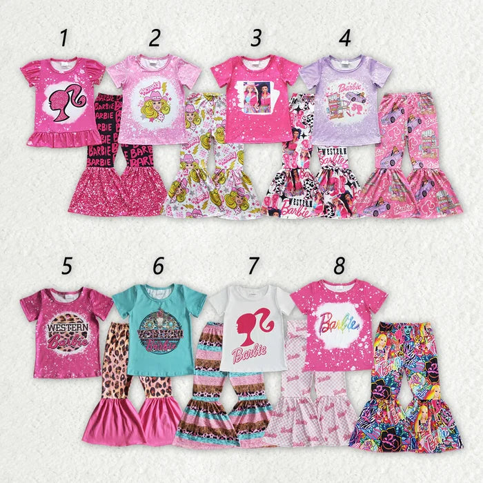 Sibling Baby Girls Doll Short Sleeve Shirts Bell-Bottom Pants Outfit