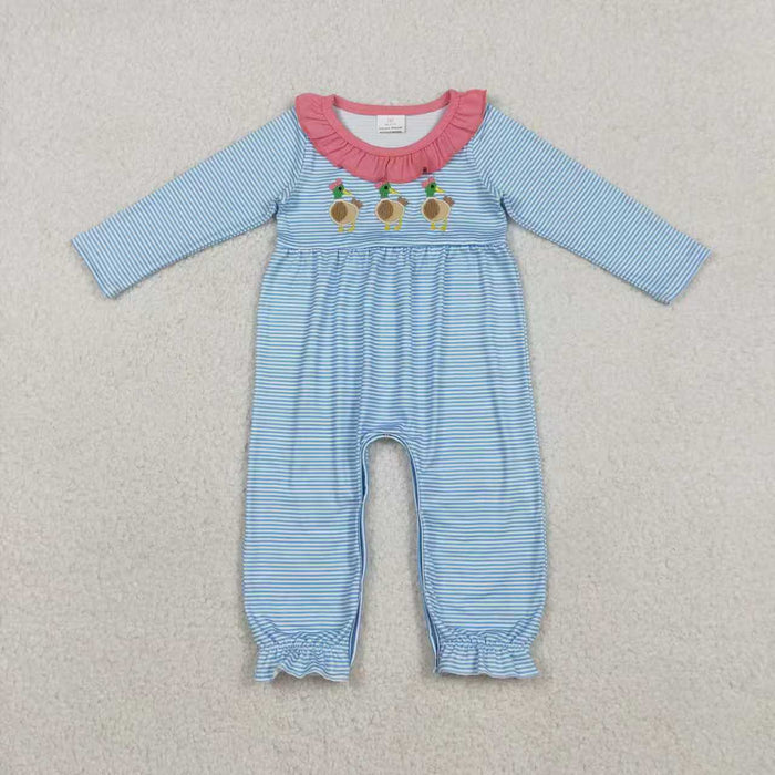 Sibling Baby Girls Embroidery Bow Ducks Stripes Collar Leggings Clothes Set Footie Rompers