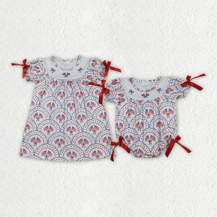 Sibling Baby Girls Embroidery Bow Flags Checked 4th of July Knee Length Dress Rompers