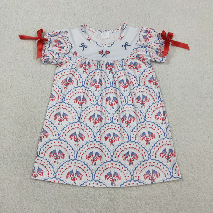Sibling Baby Girls Embroidery Bow Flags Checked 4th of July Knee Length Dress Rompers