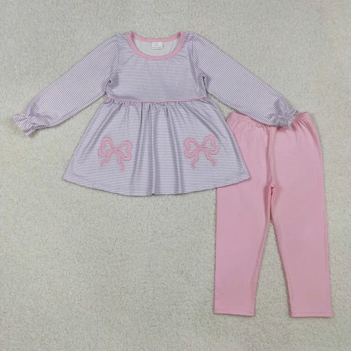 Sibling Baby Girls Embroidery  Bow Long Sleeve Tunic Top with Leggings Outfit