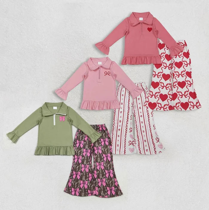 Sibling Baby Girls Embroidery Heart Bow Zip PUllover Flate Pants Valentines Outfit