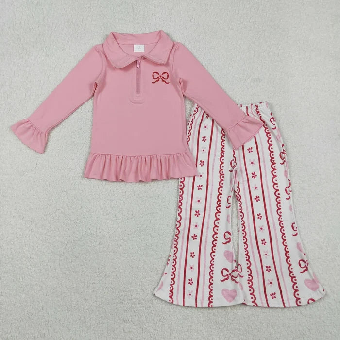 Sibling Baby Girls Embroidery Heart Bow Zip PUllover Flate Pants Valentines Outfit