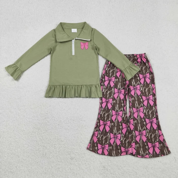 Sibling Baby Girls Embroidery Heart Bow Zip PUllover Flate Pants Valentines Outfit