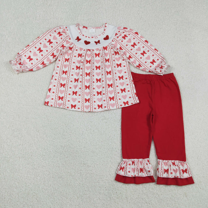 Sibling Baby Girls Embroidery Hearts Bows Tunic Ruffle Pants Knee Length Dress Ruffle Rompers