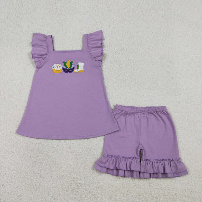 Sibling Baby Girls Embroidery Mask Anchors Tunic Ruffle Shorts Mardigras Clothes Sets Dresses