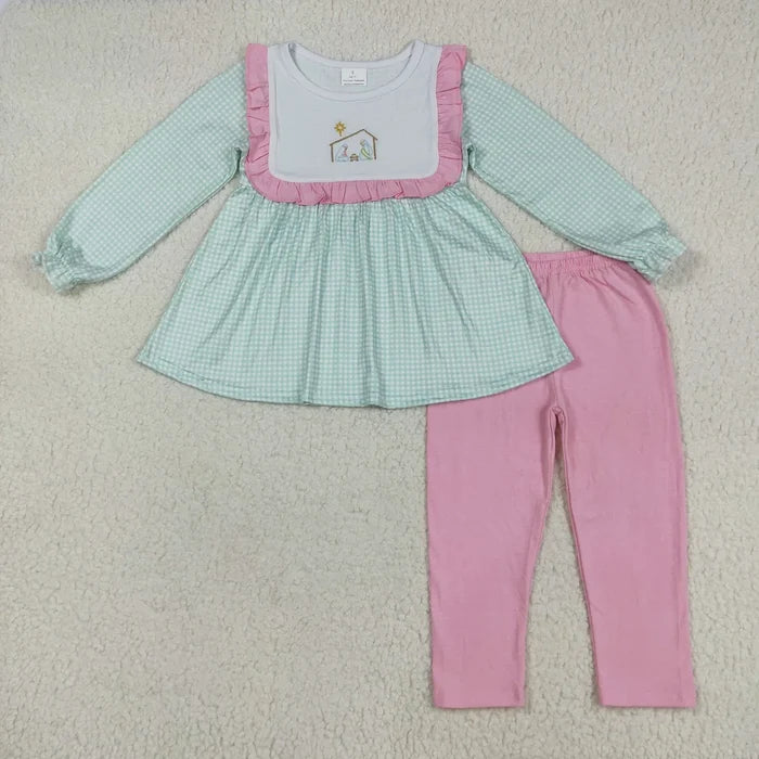 Sibling Baby Girls Embroidery Santa Nativity Candy Cane Lights Tunic Pants Christmas Clothes Sets