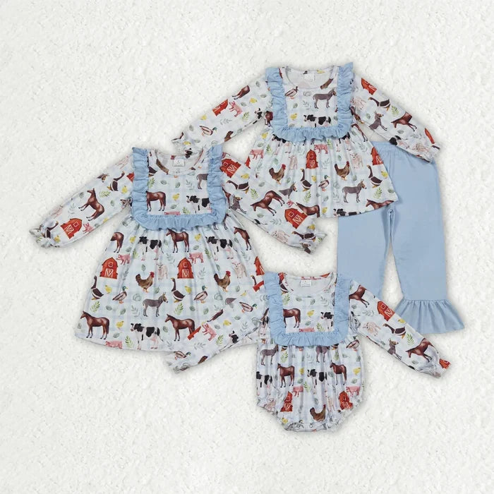 Sibling Baby Girls Farm House Animals Rompers Dresses Outfits