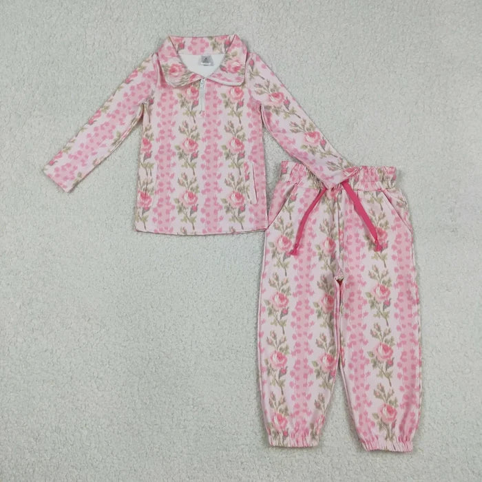 Sibling Baby Girls Floral Bow Zip Pullover Top with Jogger Outfit