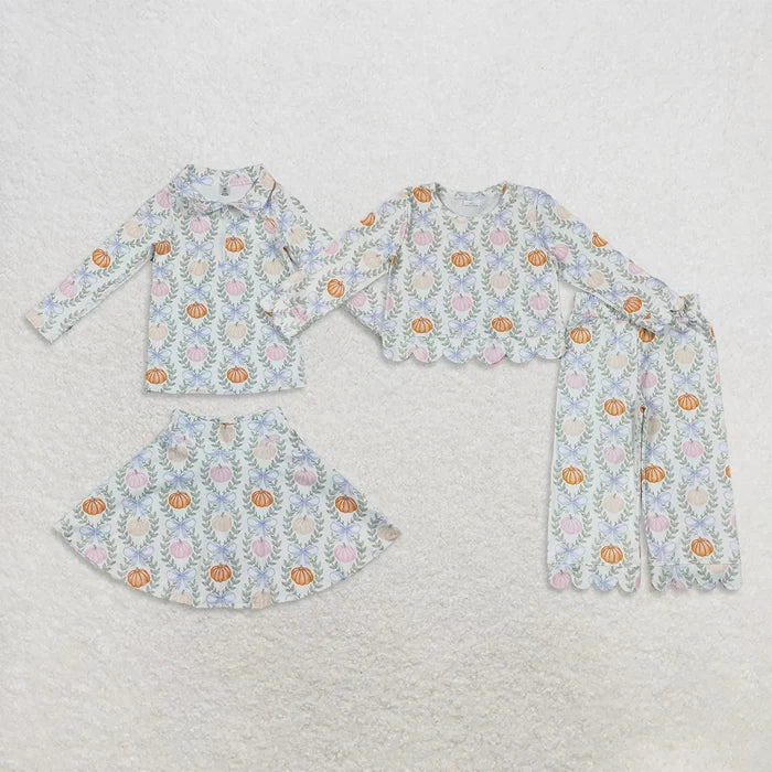 Sibling Baby Girls Flowers Pumpkins Zip Pullovers Skirt Short Yoga Active Set Scallop Pant Sets