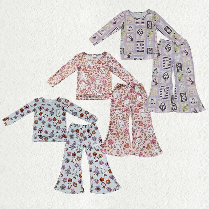 Sibling Baby Girls Ghost Pumpkins Flowers Top Flare Pant Halloween Set