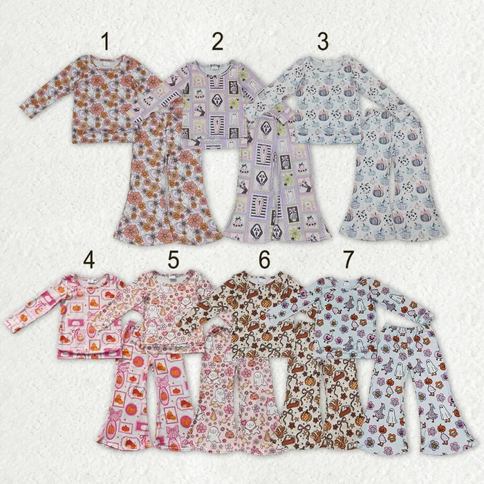 Sibling Baby Girls Ghost Pumpkins Flowers Top Flare Pant Halloween Set