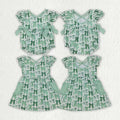 Sibling Baby Girls Green Bows Clovers Pockets St Patrick Knee Length Dress Ruffle Rompers