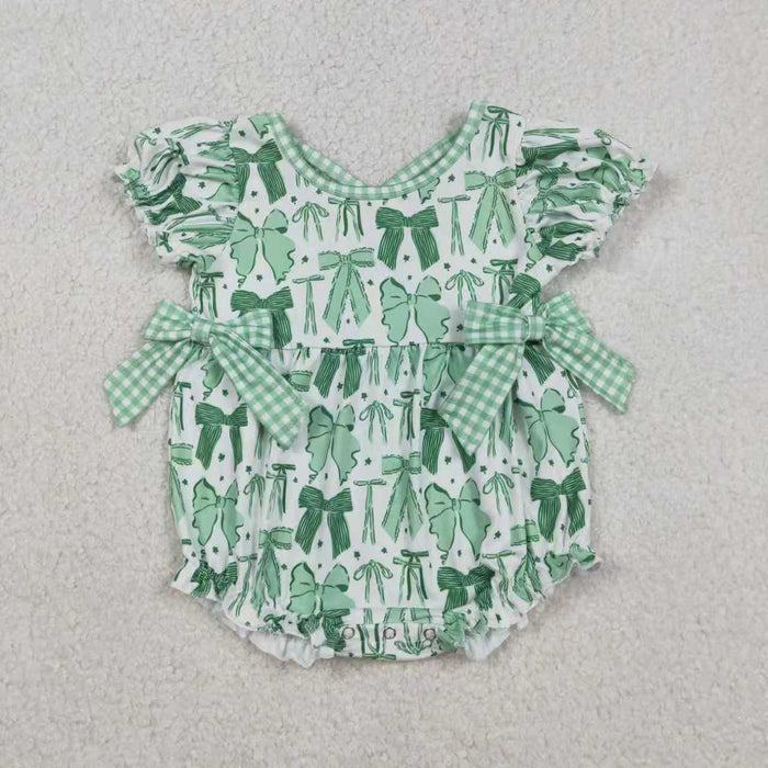 Sibling Baby Girls Green Bows Clovers Pockets St Patrick Knee Length Dress Ruffle Rompers