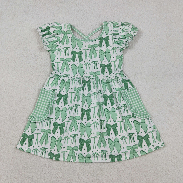 Sibling Baby Girls Green Bows Clovers Pockets St Patrick Knee Length Dress Ruffle Rompers