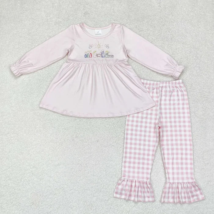 Sibling Baby Girls Green Face Trees Nativity Jesus Tunic Pants Christmas Clothes Sets