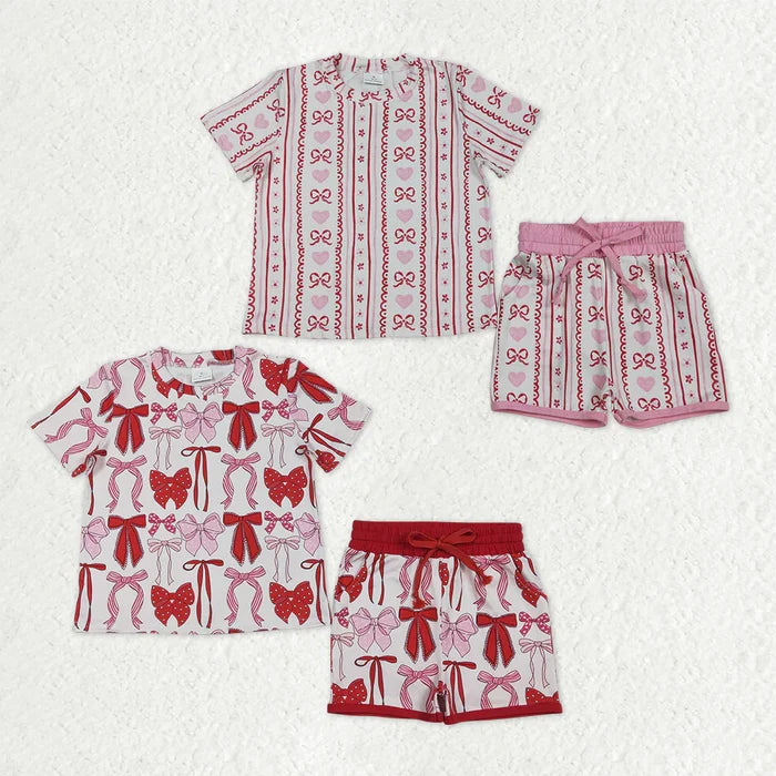 Sibling Baby Girls Hearts Bows Top Pockets Shorts  Clothes Sets