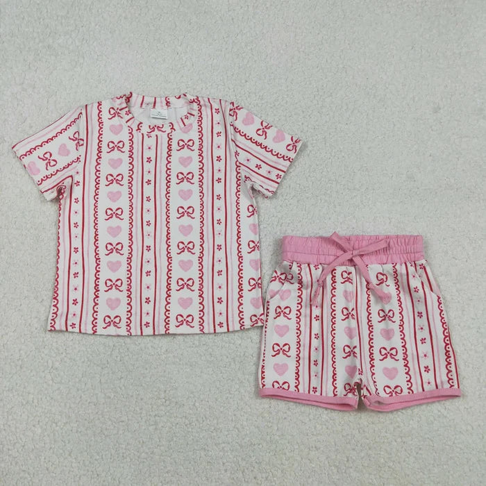 Sibling Baby Girls Hearts Bows Top Pockets Shorts  Clothes Sets