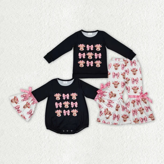 Sibling Baby  Girls Highland Cow Bow Bell Bottom Pants Outfit Romper