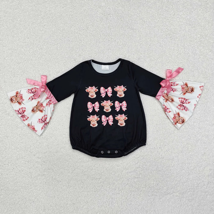 Sibling Baby  Girls Highland Cow Bow Bell Bottom Pants Outfit Romper