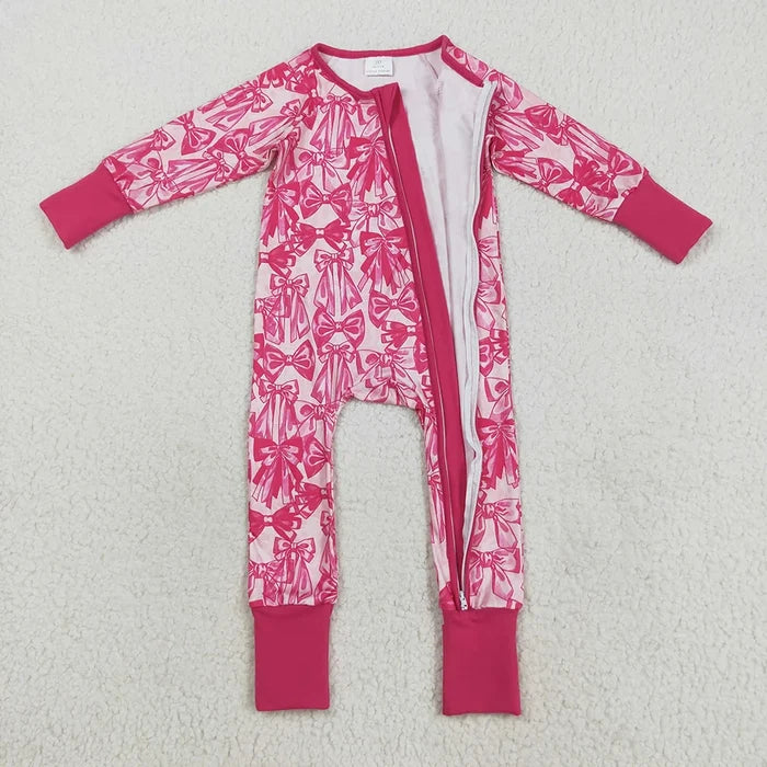 Sibling Baby Girls Hot Pink Bows Plaid Pajams Sets Zipper Footie Rompers
