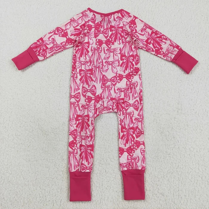 Sibling Baby Girls Hot Pink Bows Plaid Pajams Sets Zipper Footie Rompers