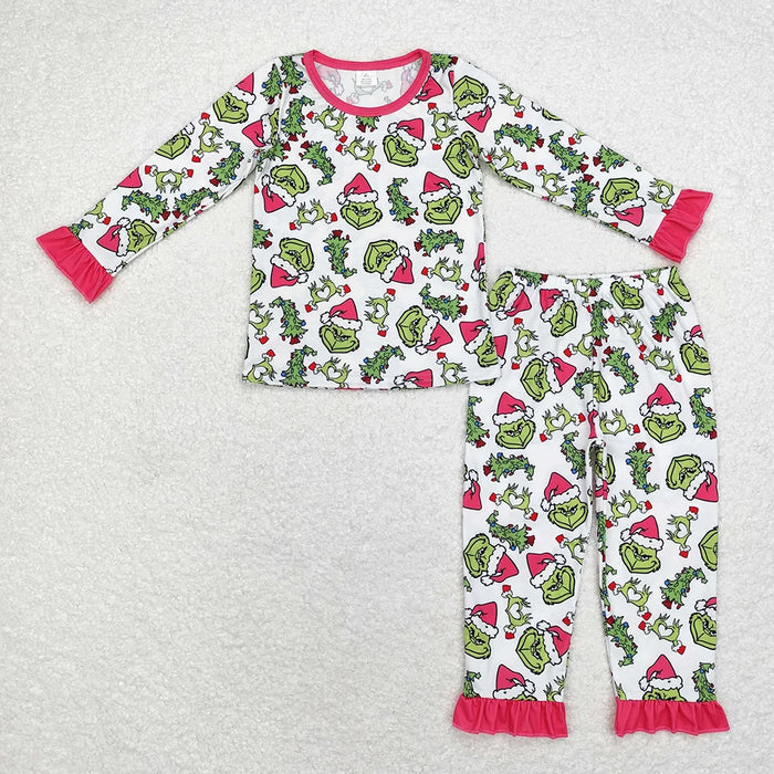 Sibling Baby Girls Long Ruffle Sleeve Green Face Top Pants Bamboo Pajamas Clothes Sets