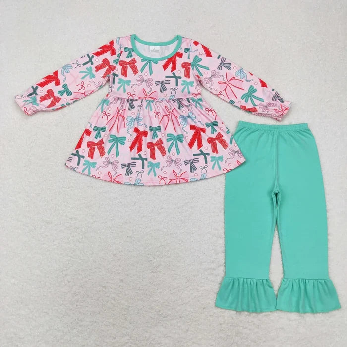 Sibling Baby Girls Long Ruffle Sleeves Santa Trees Bows Tunic Pants Christmas Clothes Sets