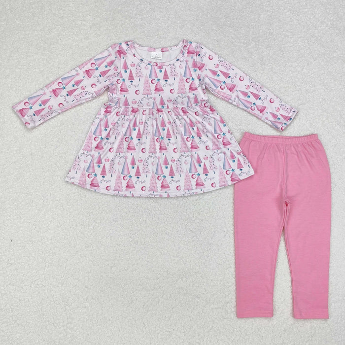Sibling Baby Girls Long Ruffle Sleeves Santa Trees Bows Tunic Pants Christmas Clothes Sets