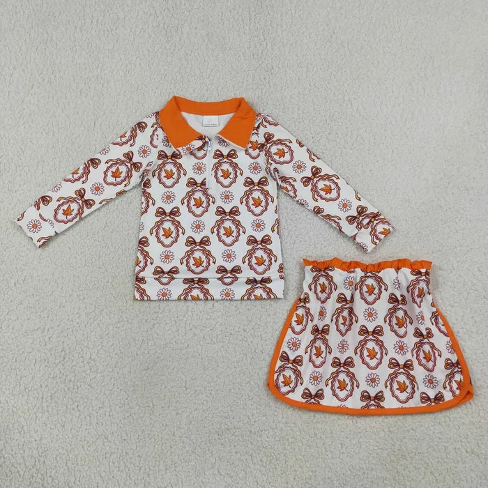 Sibling Baby Girls Long Sleeve Flowers Bows Zip Pumpkins Top Skirt Short Clothes Sets
