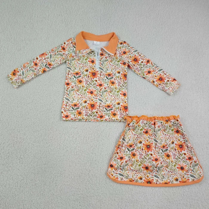 Sibling Baby Girls Long Sleeve Flowers Bows Zip Pumpkins Top Skirt Short Clothes Sets