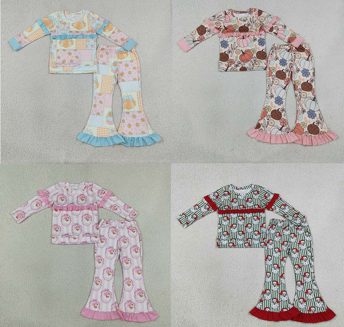 Sibling Baby Girls Long Sleeve Pumpkin Santa Ruffle Rop Bell Botton Outfit