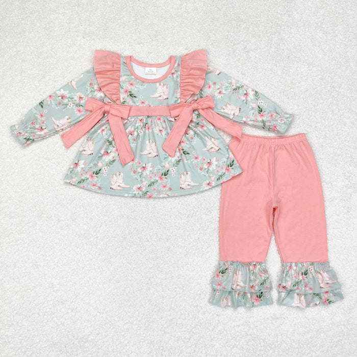 Sibling Baby Girls Long Sleeves Floral Bows Tunic Ruffle Pants Clothes Sets