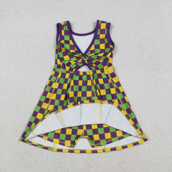 Sibling Baby Girls Mardigras Checked Yoga Active Shorts Knee Length Dress Skorts Clothes Sets